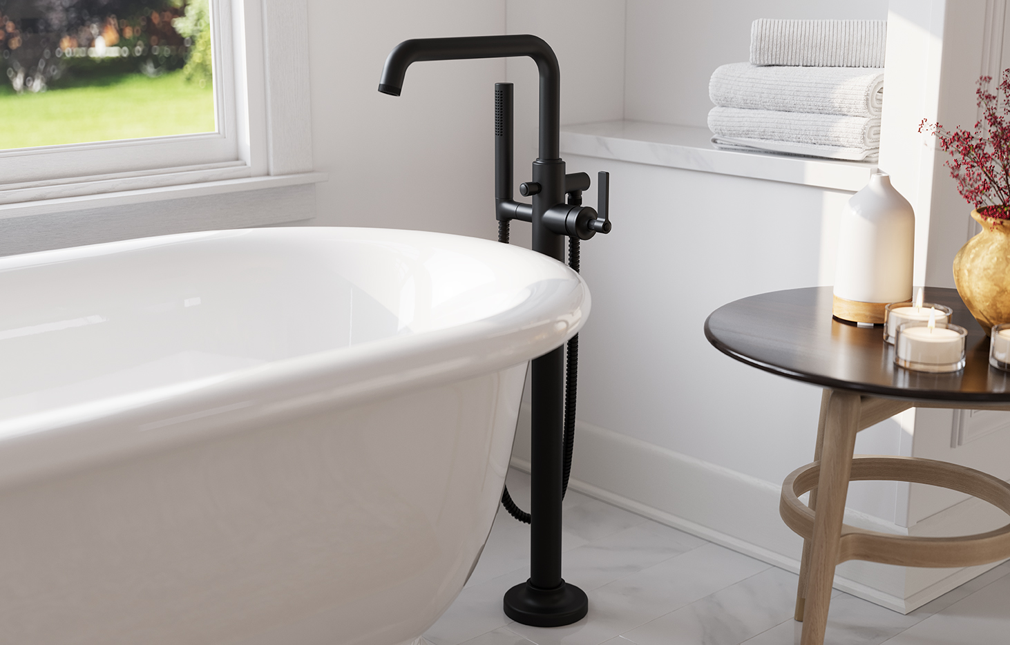 Freestanding tub filler in matte black from the Winter Park collection by Pfister