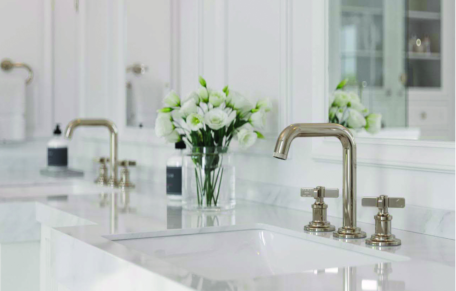 Widespread lavatory sink faucets in polished nickel from the Winter Park collection by Pfister